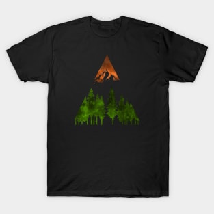 Dramatic mountain and forest scene in green and orange watercolors T-Shirt